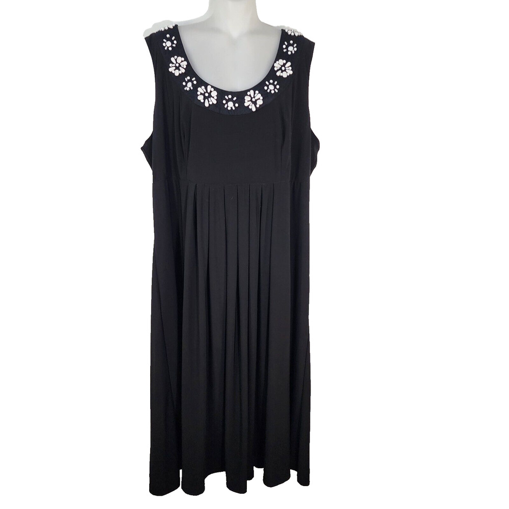 Lane Bryant Womens Dress 18/20 Sleeveless Black Midi Floral Beaded Neck A Line